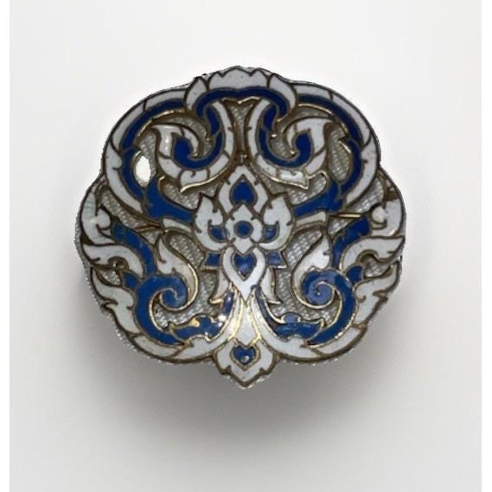 Vintage Blue White Enameled Bronze Brooch Pin Thailand Siam